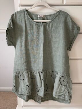 Light Sage Eyelet-Hem Linen Blouse